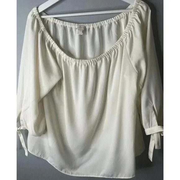 J Crew Top Womens Large Beige Button Neck Blouse Ruffles Flowy Long Sleeve - Picture 1 of 5